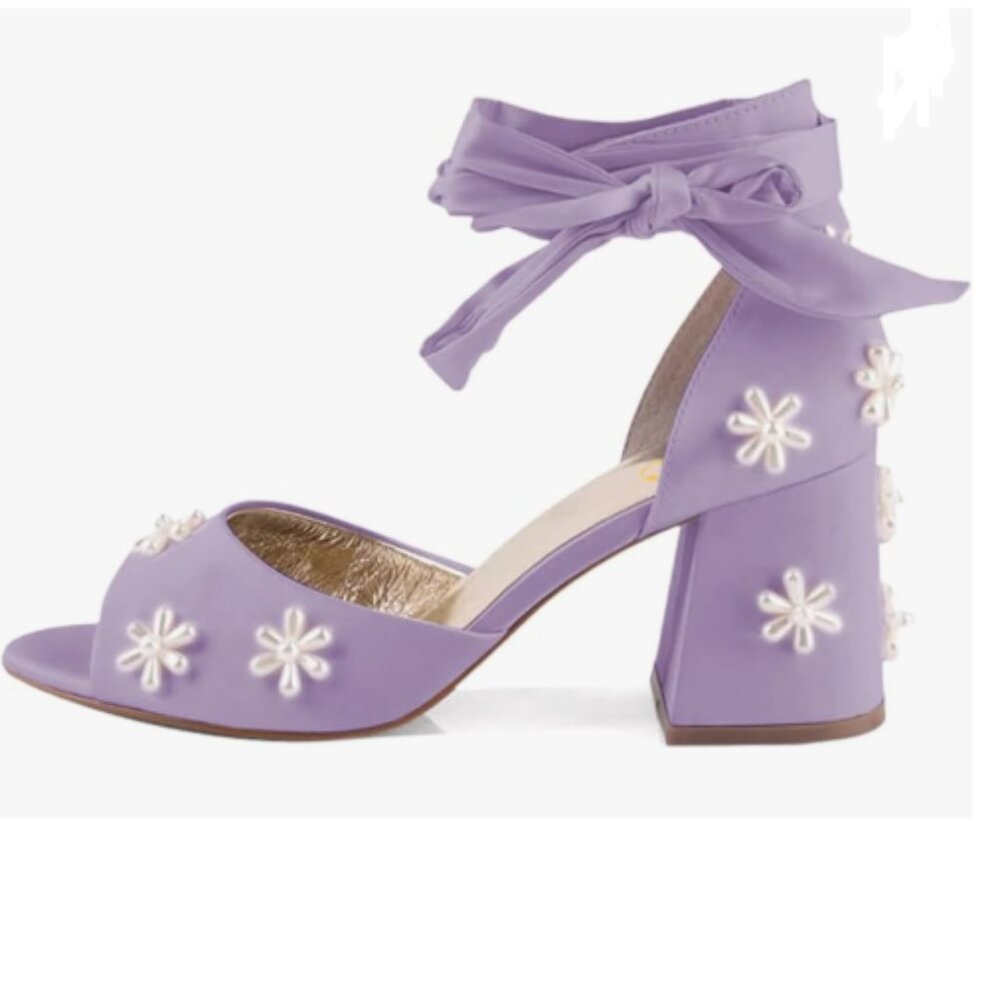 XYD Purple Open Toe Sandals with Bloom Pearl Flower Ribbon Ankle Strap Shoes